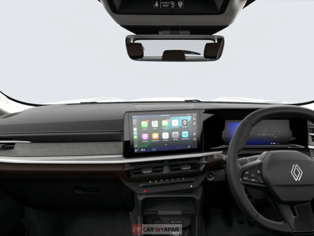 Wide-angle shot of the Renault Duster Techno Plus dashboard with a dark interior theme and copper-colored trim accents.